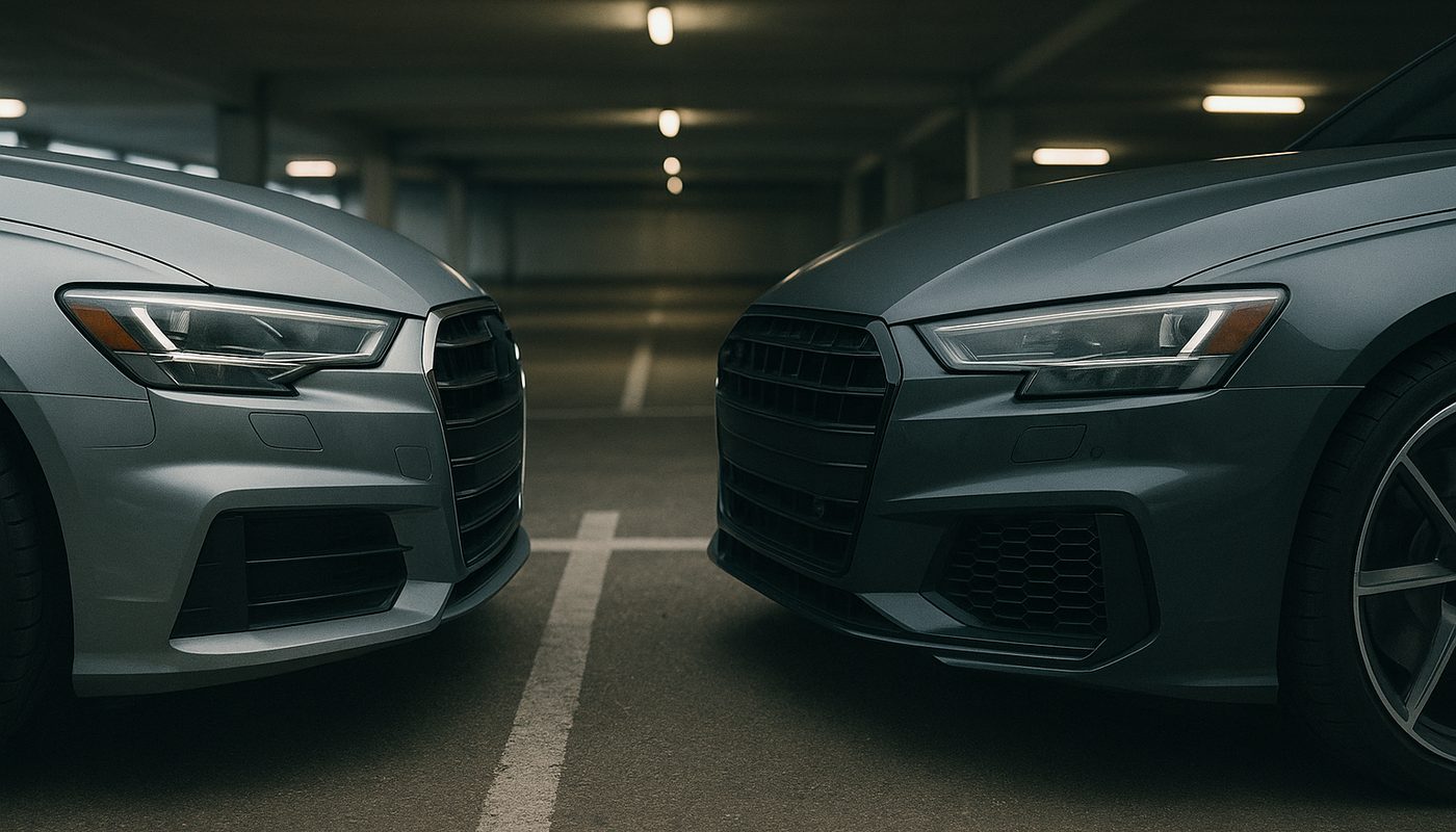 A BMW sports sedan and an Audi sedan parked nose to nose, the head-to-head reliability comparison