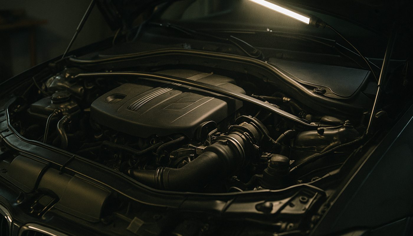 A turbocharged inline-six engine bay in a German sedan, hood raised in a home garage