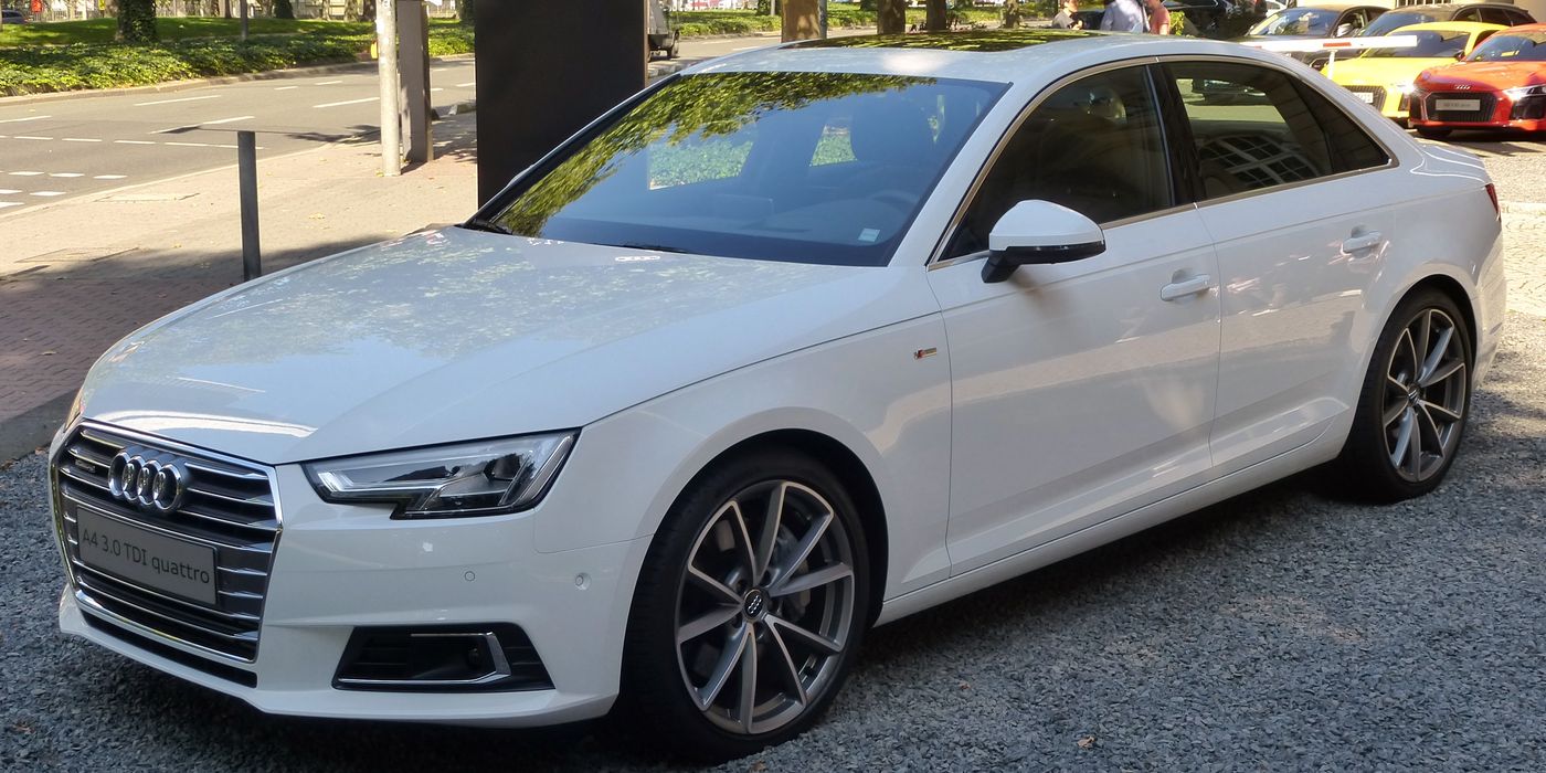 Audi A4 B9 Limousine sedan, front three-quarter view - the A4 half of the A4 vs 3 Series shootout