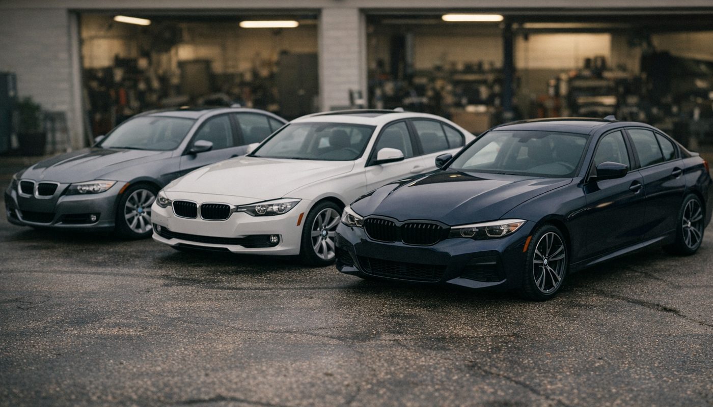 Three generations of BMW 3 Series sedan - an E90, an F30 and a G20 - parked in a line on a paved lot