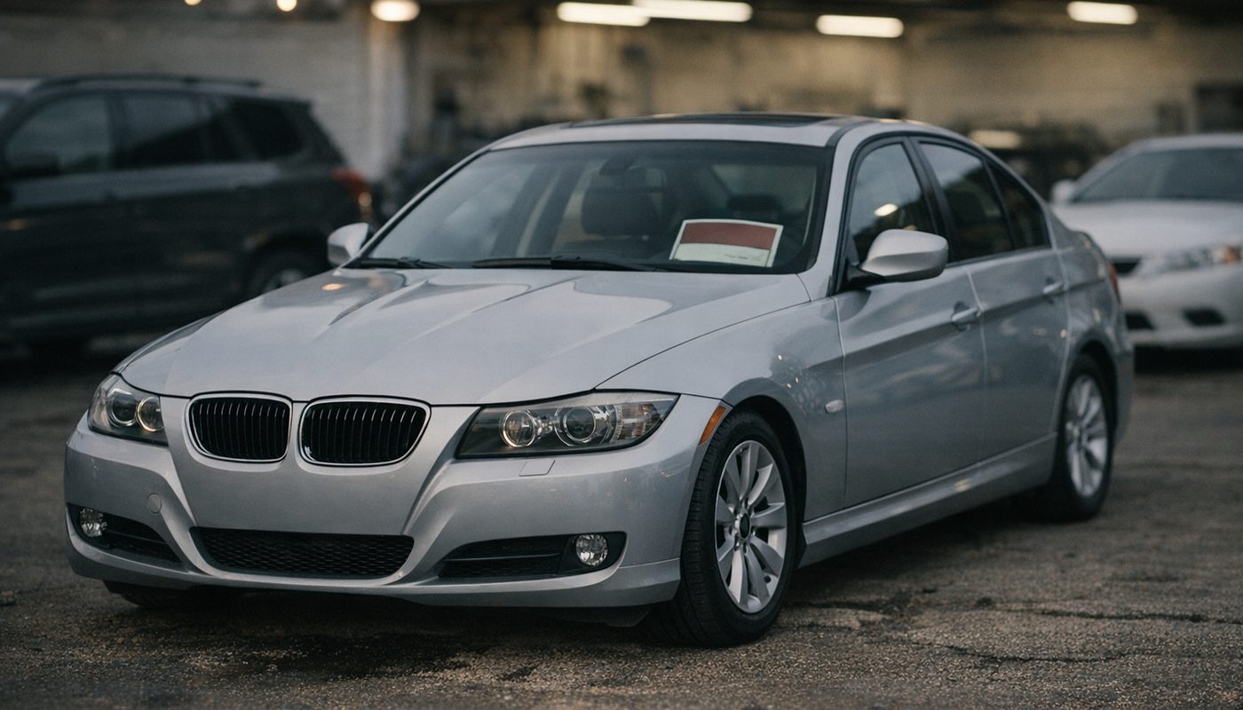 A used BMW 3 Series on a dealer lot with a For Sale sticker in the window