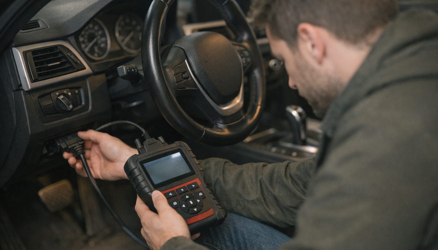 A buyer plugging a scan tool into a BMW 3 Series during a pre-purchase inspection
