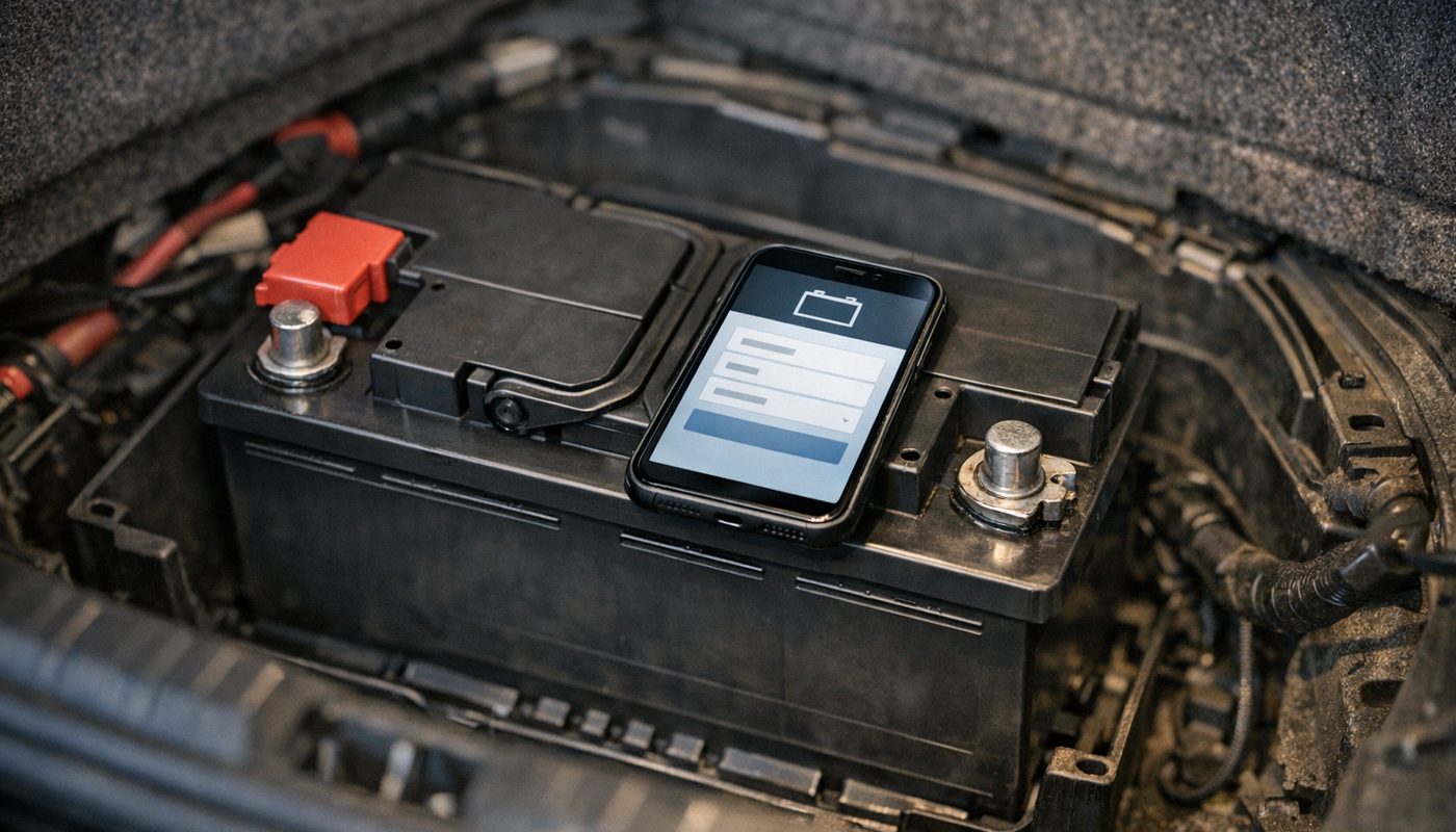 New BMW battery in boot tray next to a phone showing a battery registration app