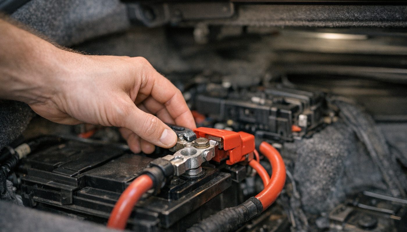 Hand connecting a battery terminal in the boot of a BMW
