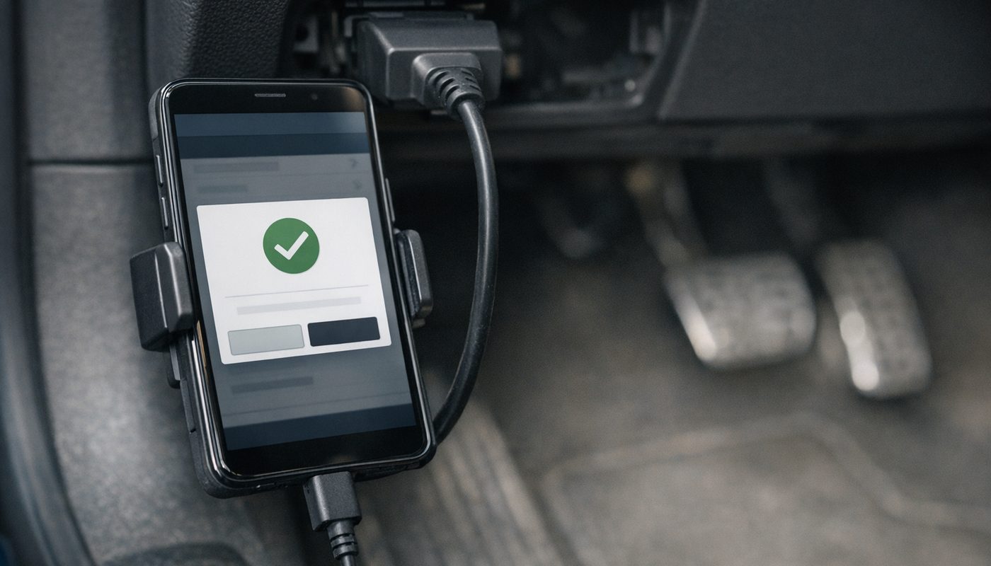 Phone running a diagnostics app showing a register new battery confirmation screen