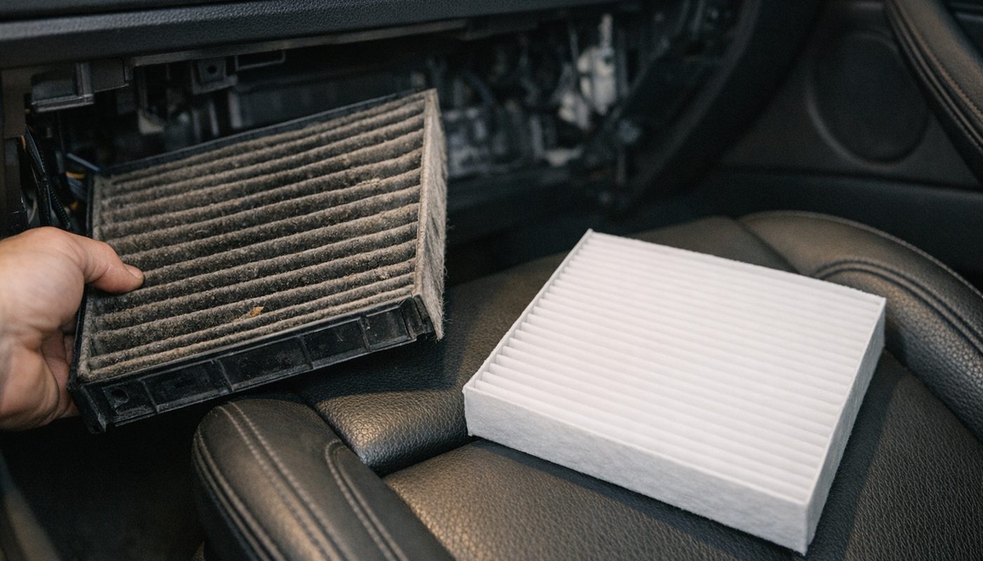 A dirty pleated cabin air filter being pulled out of a BMW housing behind the glovebox with a clean white replacement filter waiting on the passenger seat