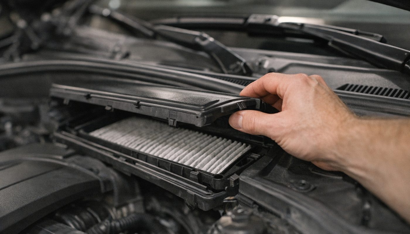 A hand opening the cabin-filter cover in a BMW engine-bay cowl