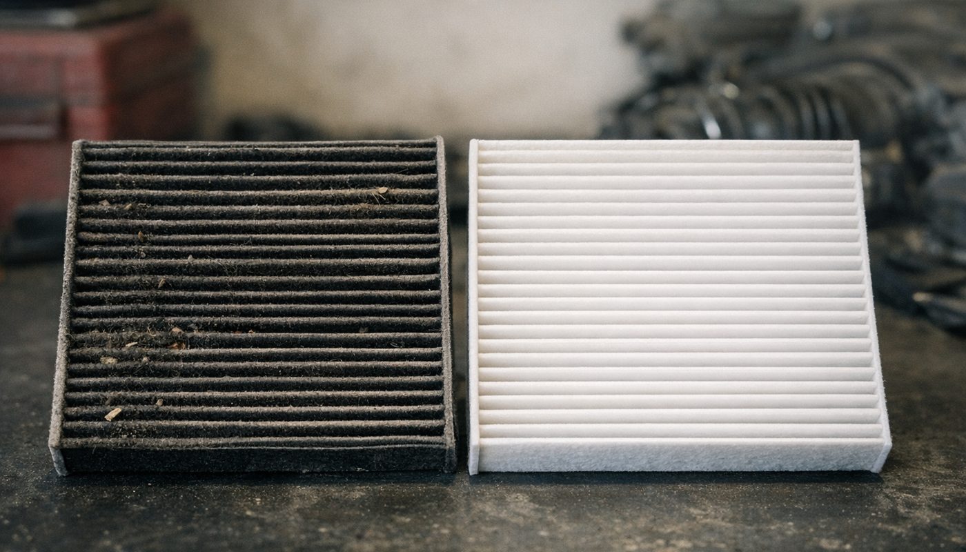 A side-by-side of a black clogged cabin filter next to a fresh white one