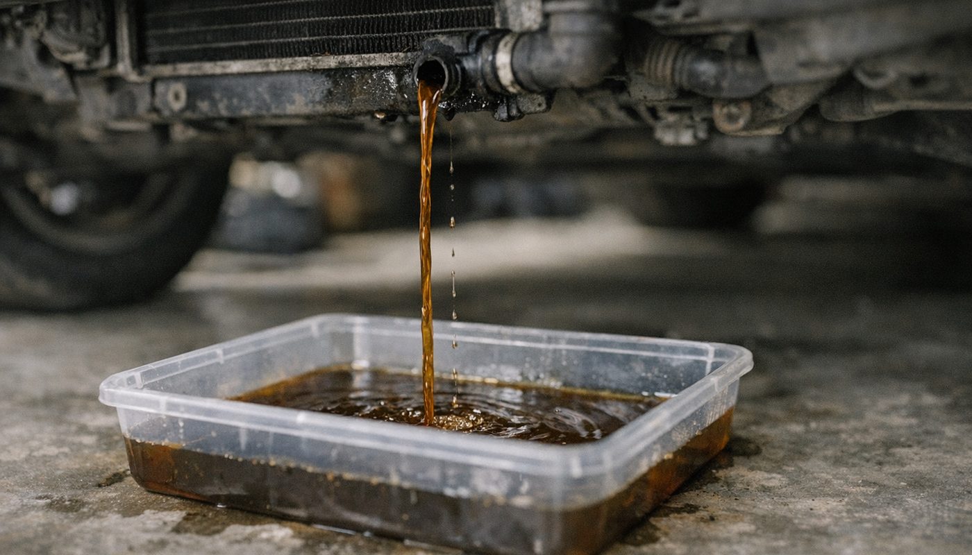 A stream of degraded brown BMW coolant draining into a clear catch pan in a garage
