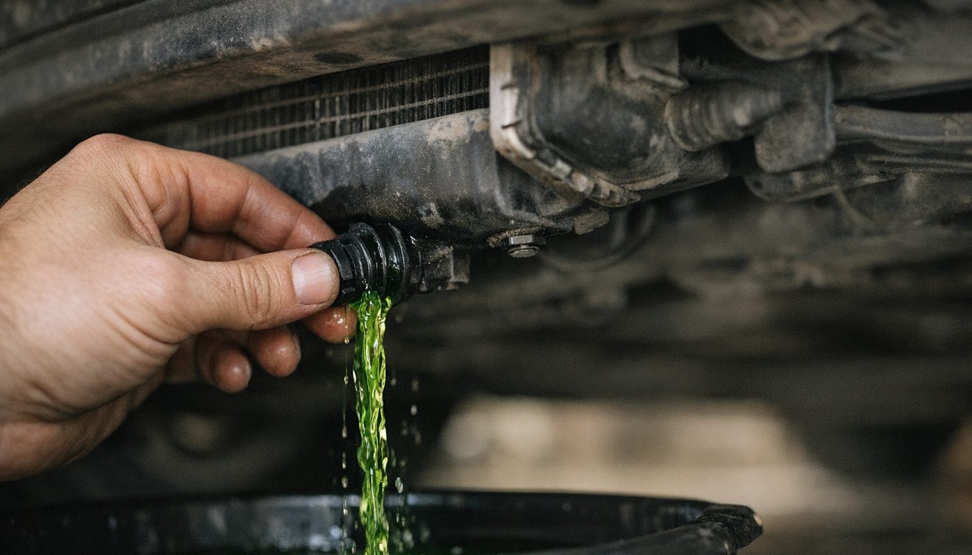A hand opening a radiator drain valve on a BMW as coolant begins draining