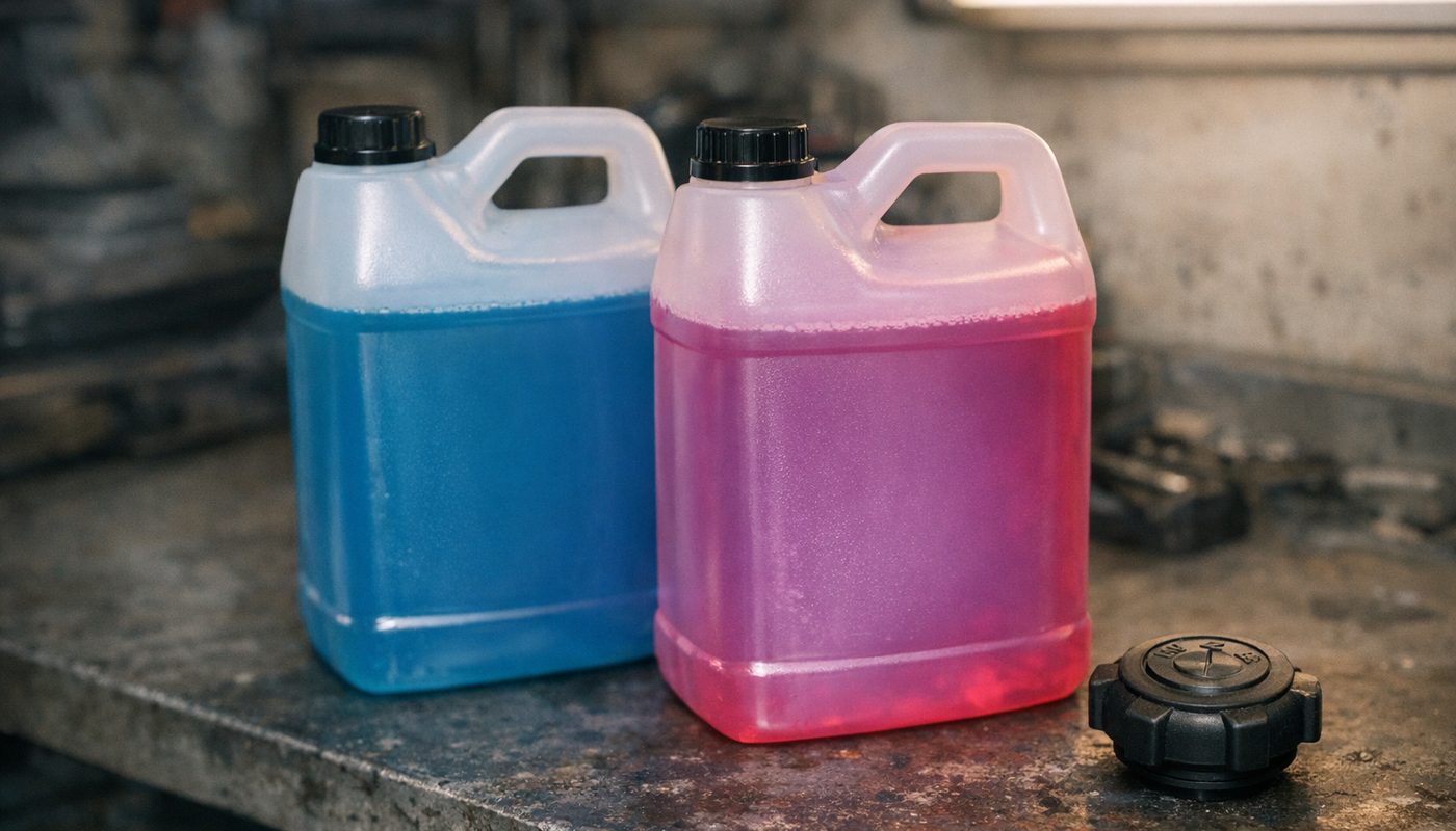 Two jugs of BMW coolant, one blue and one purple, next to an expansion tank cap on a workbench