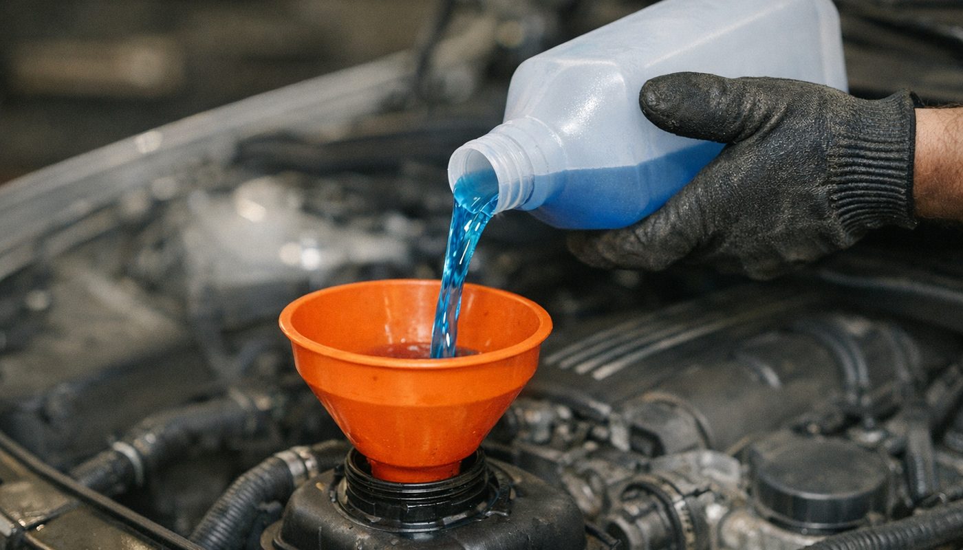 Gloved hand pouring blue coolant through a funnel into a BMW expansion tank