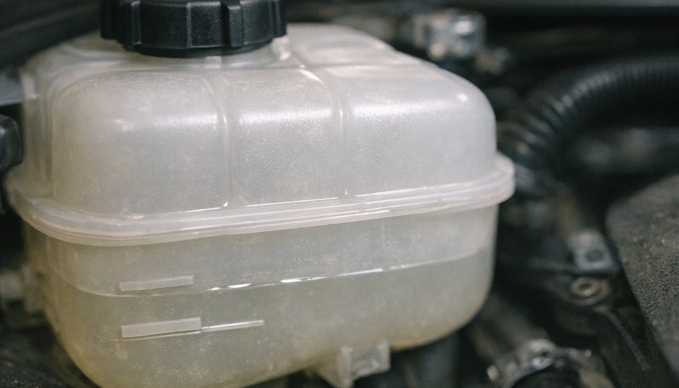 Close-up of a BMW coolant expansion tank showing the min and max level marks