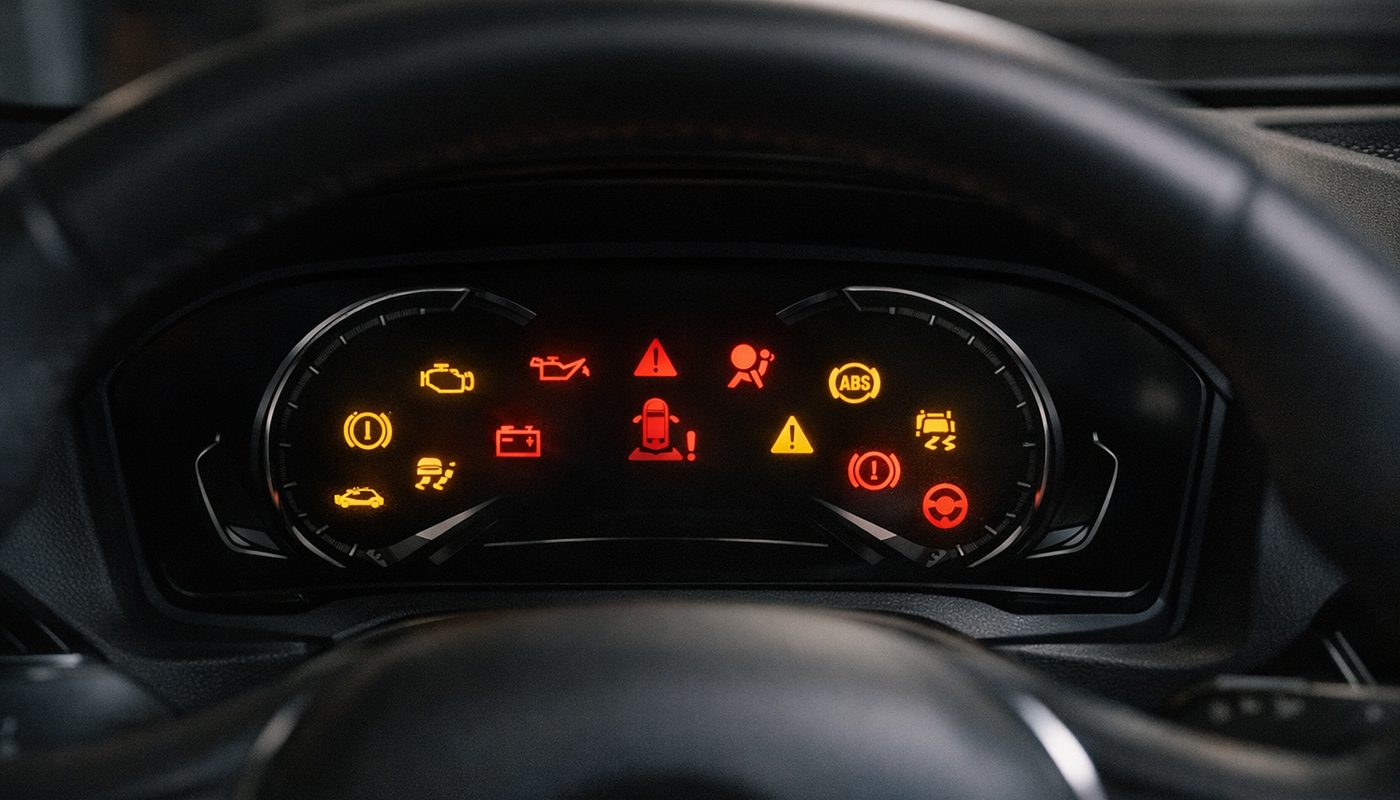 BMW digital instrument cluster showing multiple warning lights illuminated