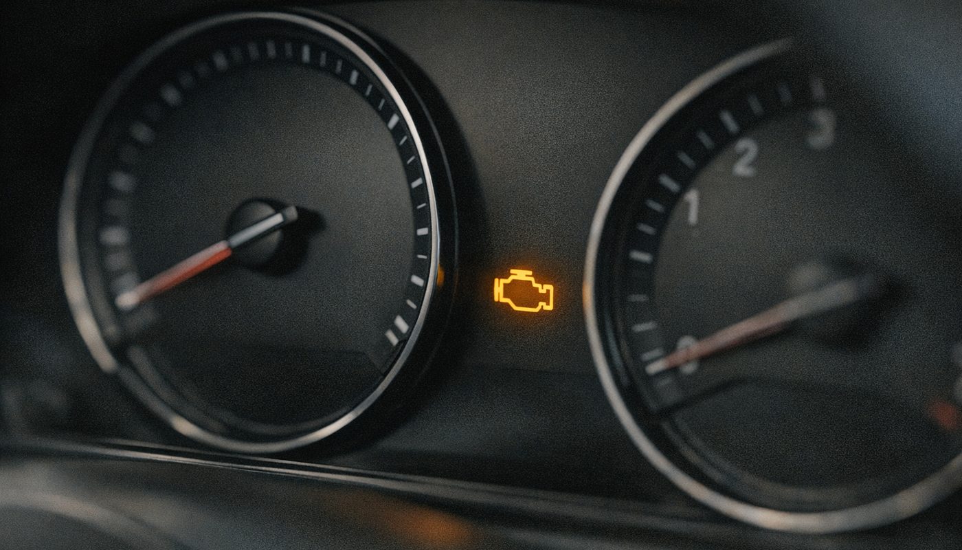 BMW instrument cluster with check engine light illuminated, speedometer at zero