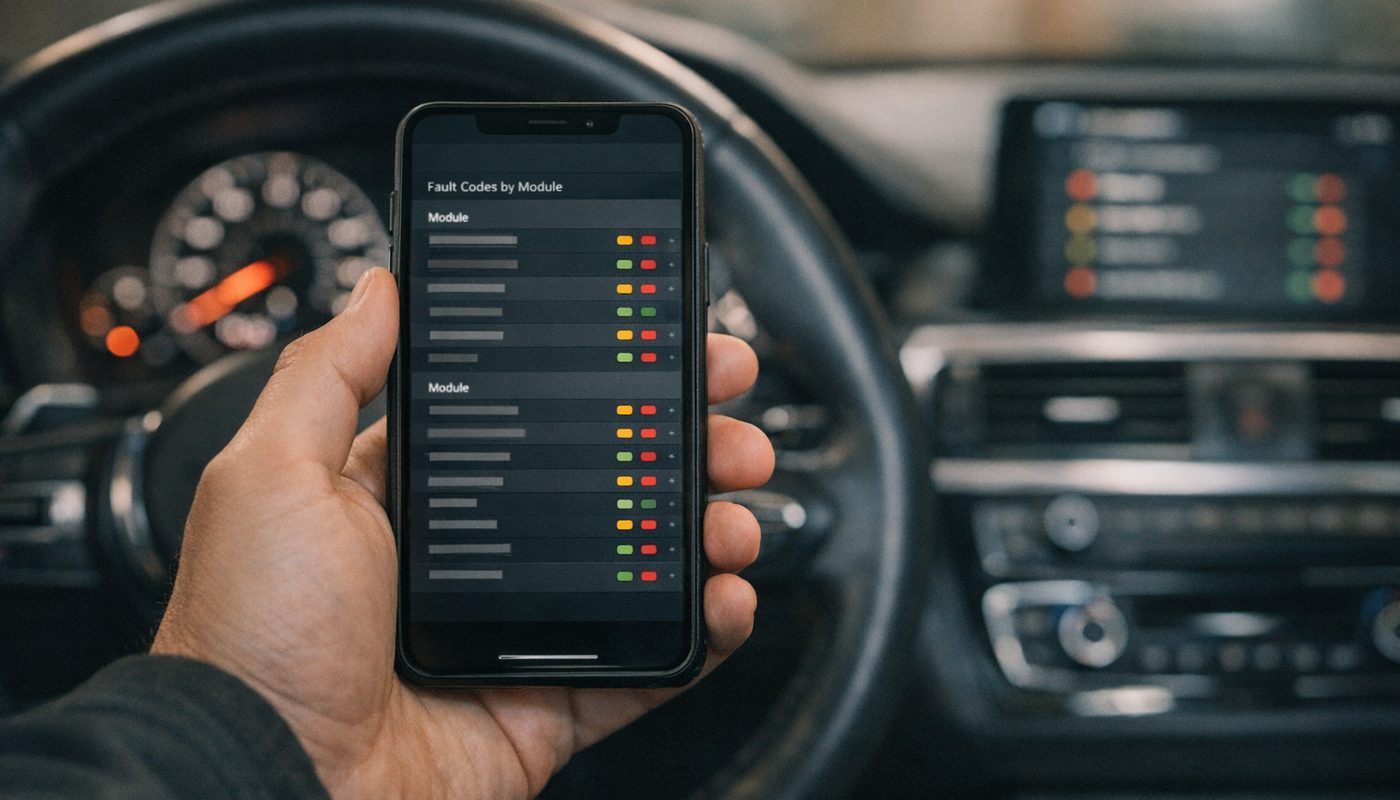 Hand holding a phone with a BMW fault code scanning app open, dashboard blurred in background