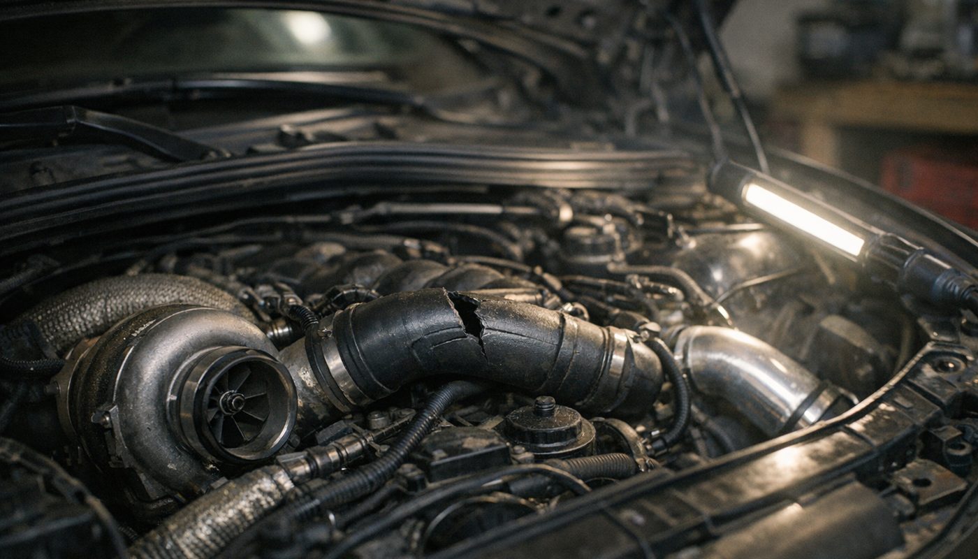 BMW turbo engine bay with a cracked plastic charge pipe visible near the turbo outlet