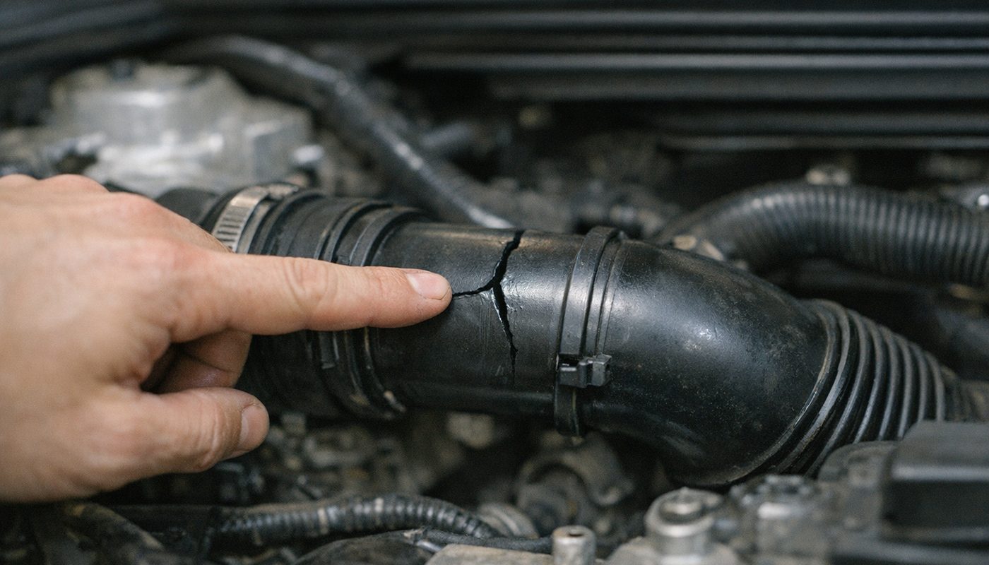 Hand pointing at a cracked black plastic charge pipe coupling in a BMW engine bay