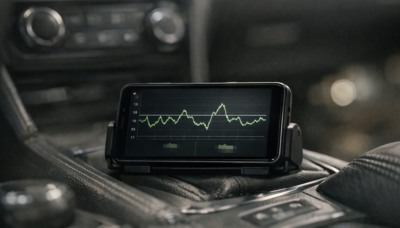 A phone showing a live boost-pressure graph in a car diagnostics app on a centre console