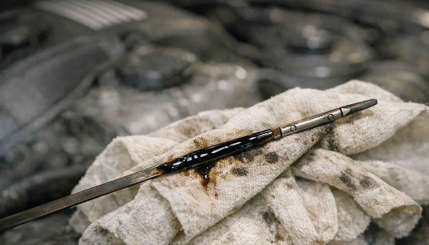 Dipstick showing dark and thinned oil against a shop rag
