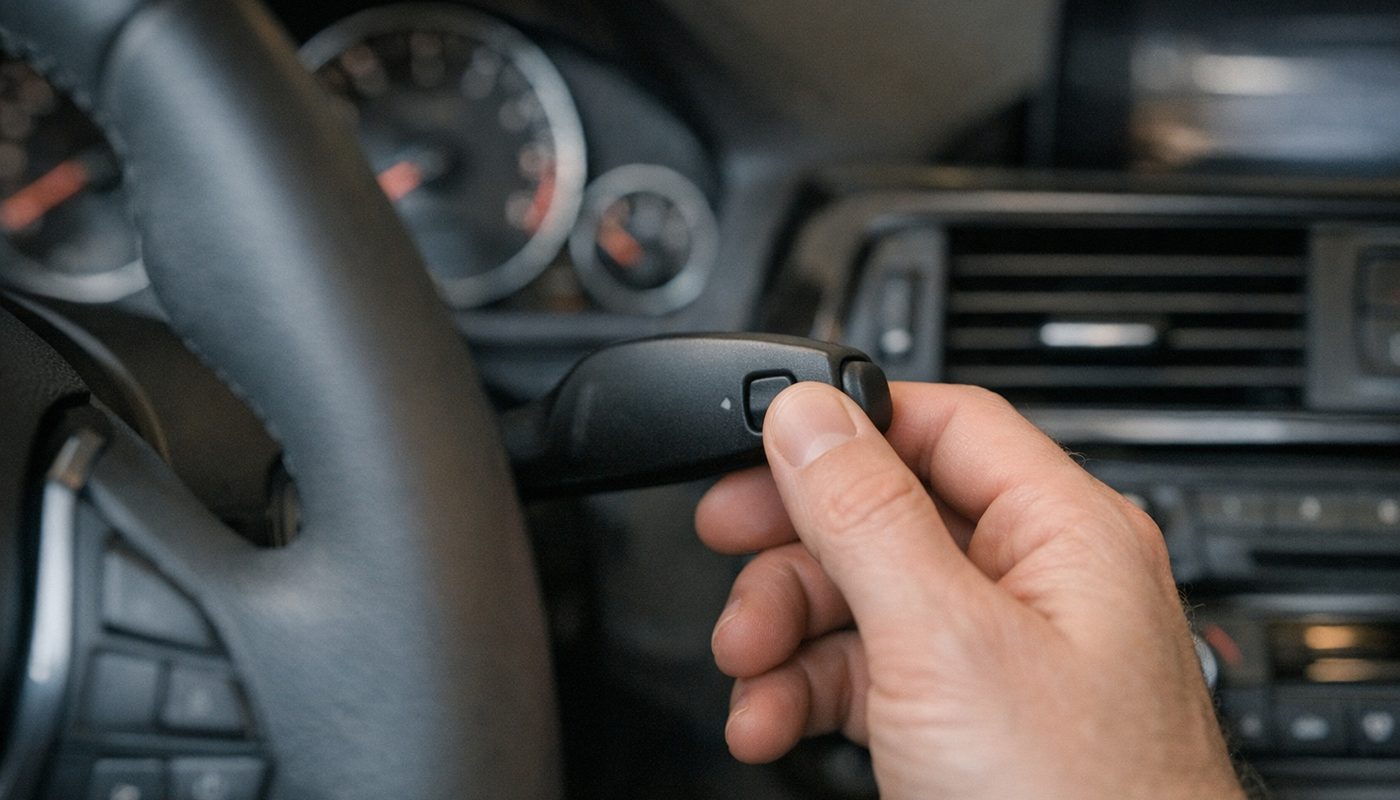 Hand holding the steering-stalk reset button on a BMW instrument cluster