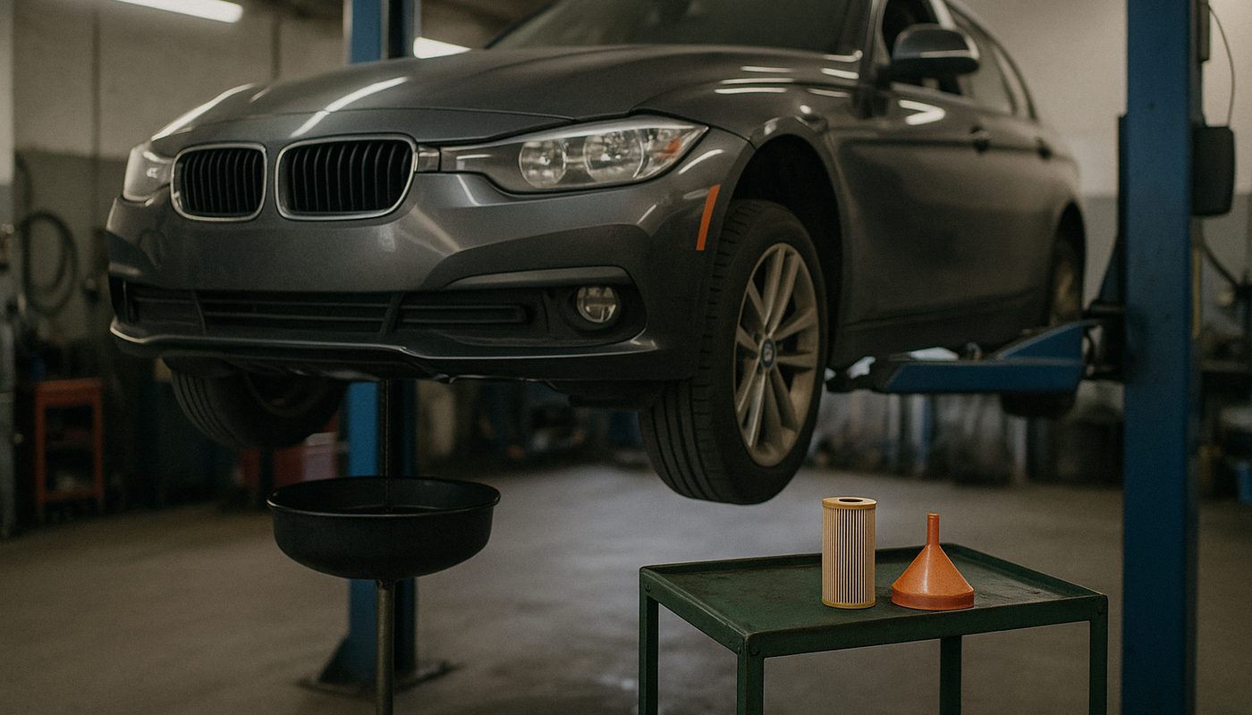 A BMW sedan raised on a two-post lift with a drain pan and a new oil filter on a cart