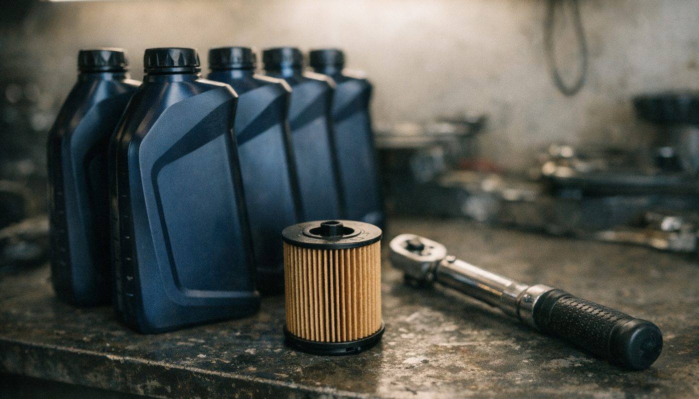 Premium synthetic engine oil bottles lined up with a BMW oil filter and torque wrench