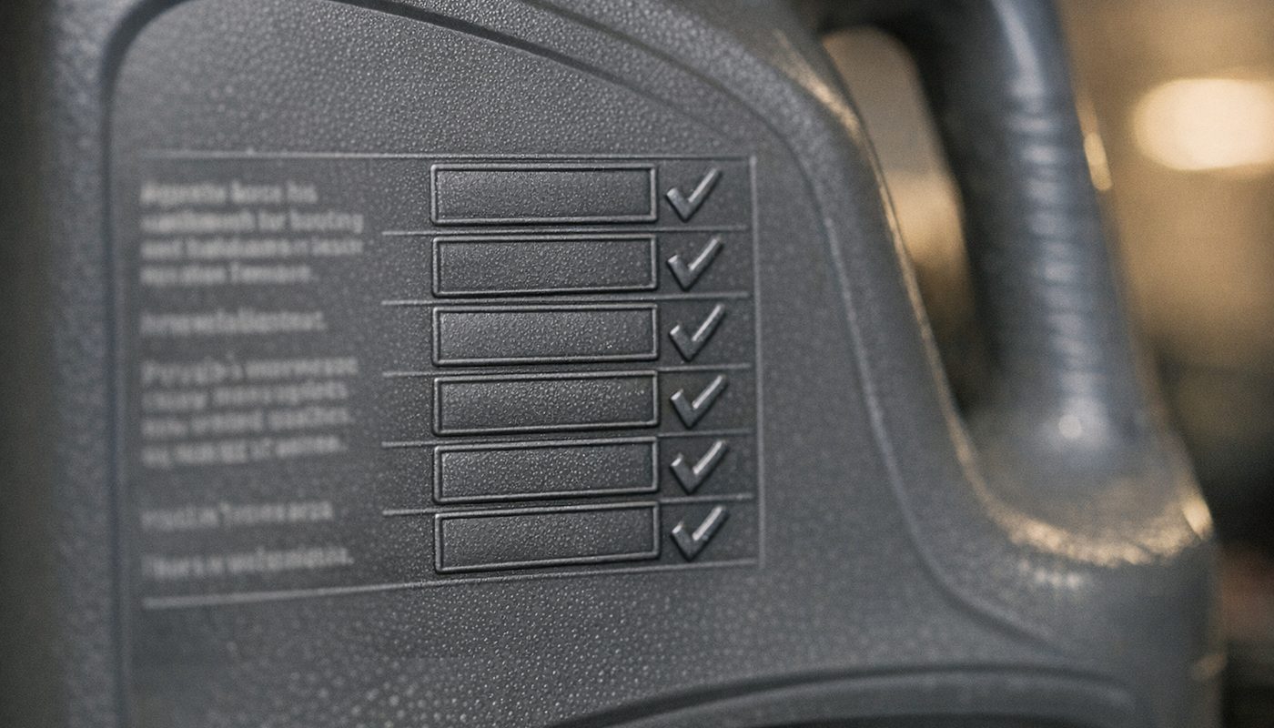 Back label of engine oil bottle displaying BMW approval specification codes