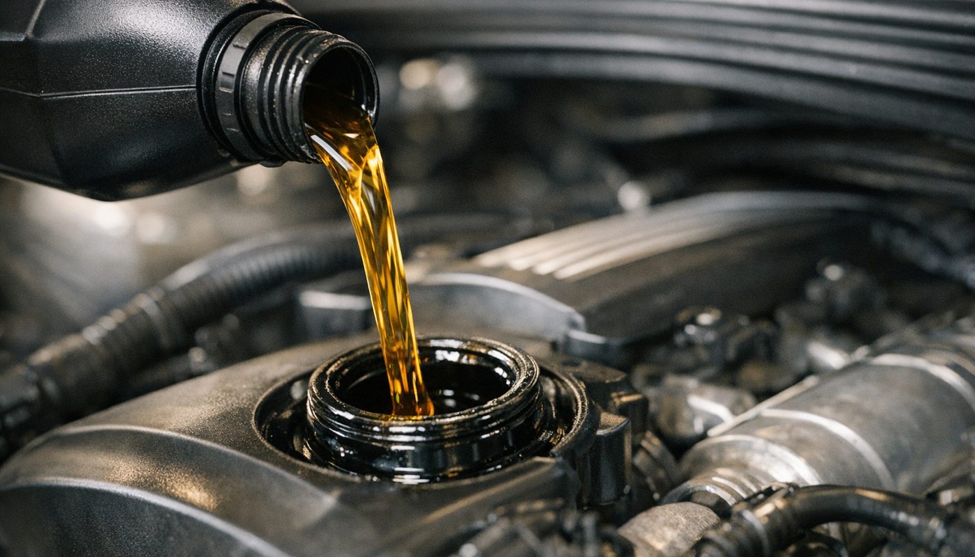 Fresh oil being poured into a BMW engine oil filler neck