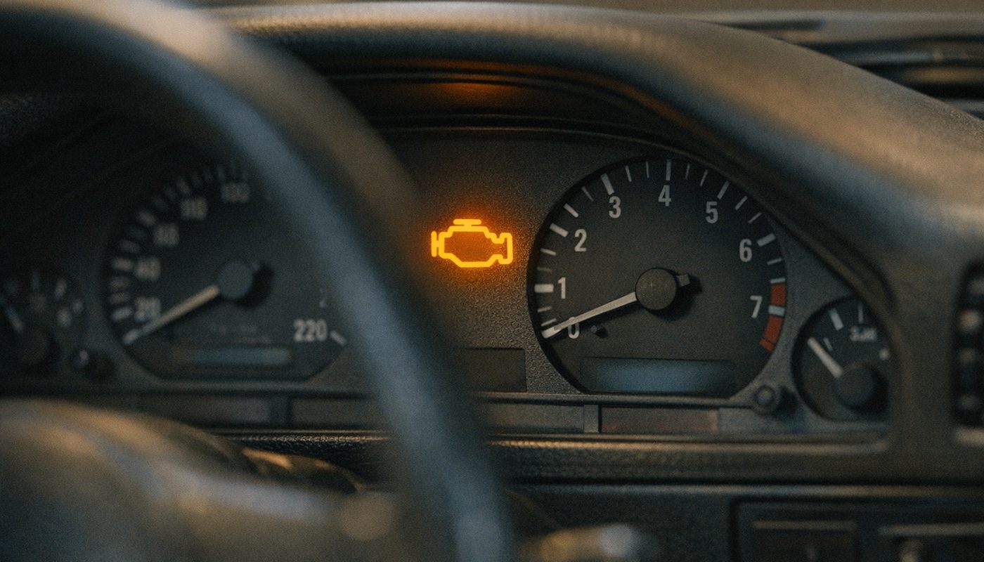 Amber Service Engine Soon warning symbol glowing on an older BMW instrument cluster at dusk