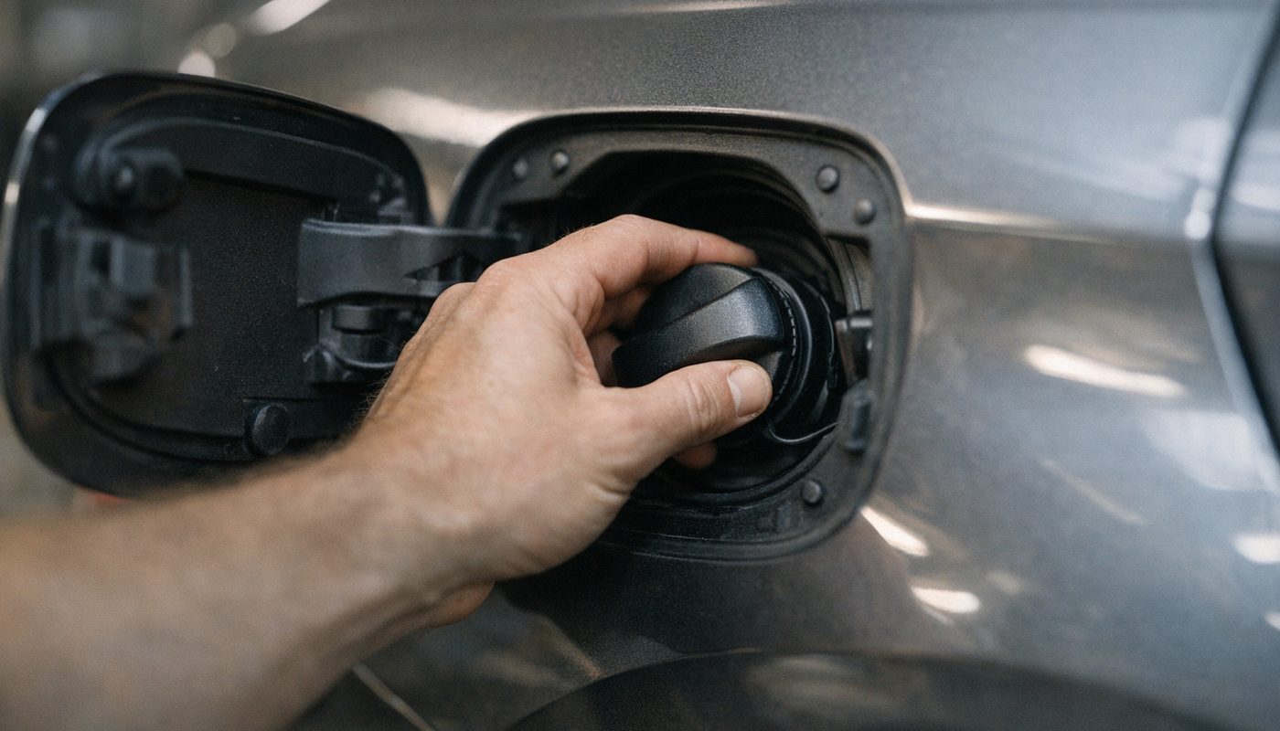Hand tightening a fuel filler cap on a BMW