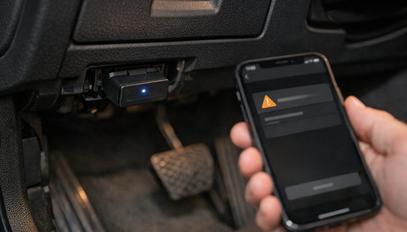 A cheap Bluetooth OBD2 dongle plugged into a BMW's diagnostic port, phone showing a stored code