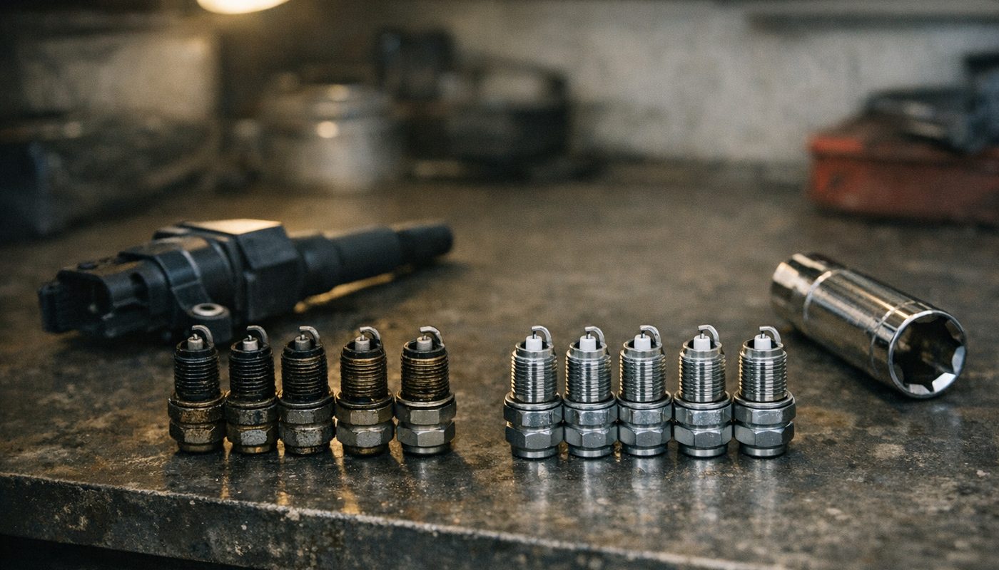 Four used BMW spark plugs next to four new ones with an ignition coil and plug socket on a garage workbench