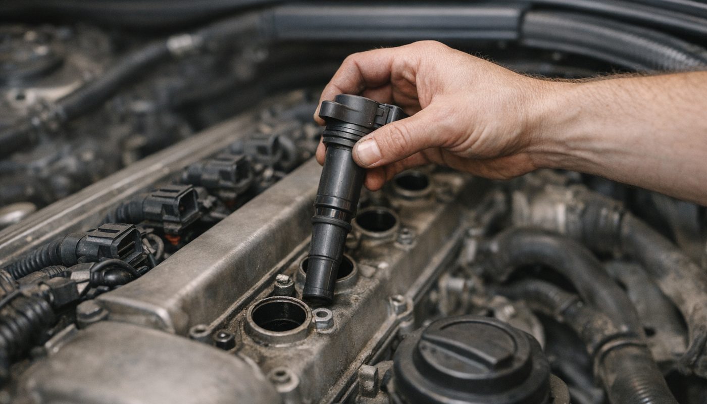 A hand removing an ignition coil from the valve cover of a BMW inline six engine