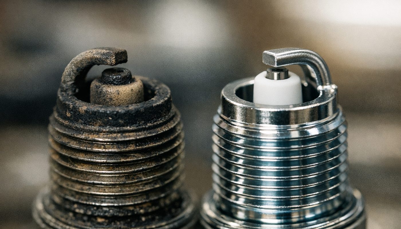 Close up comparison of a worn spark plug electrode against a new one