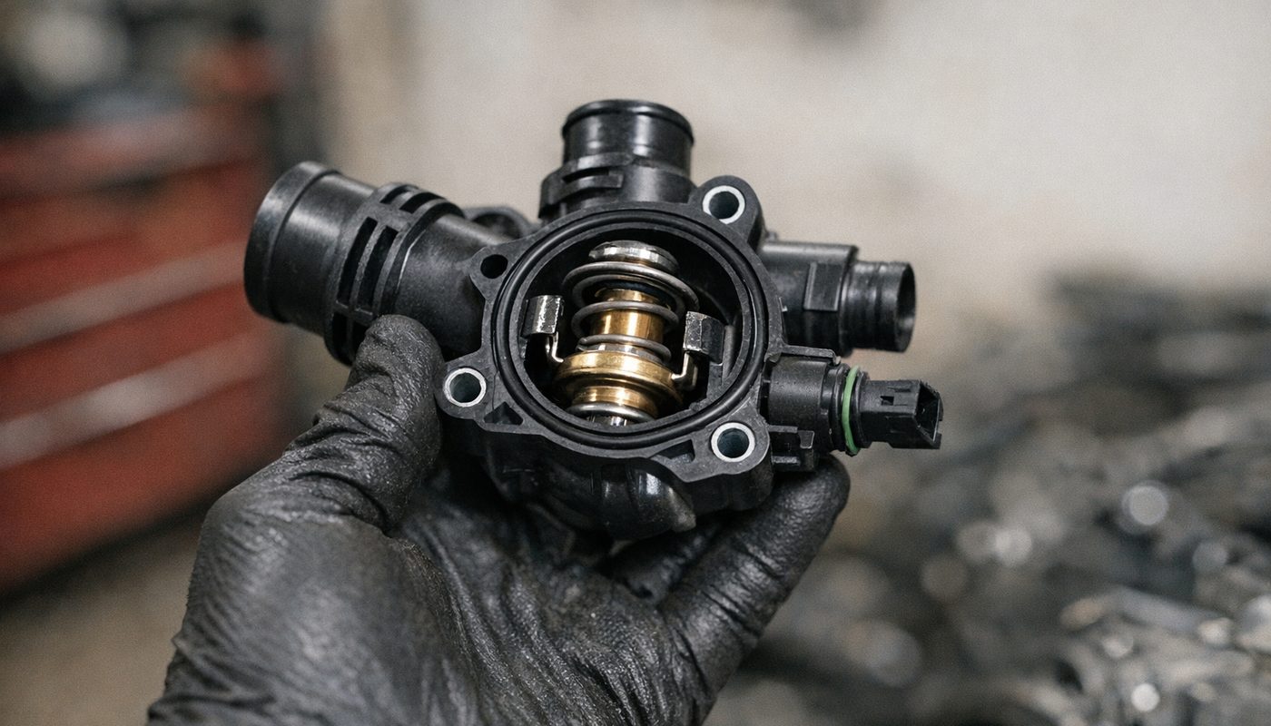 BMW electronically controlled thermostat housing removed from engine bay