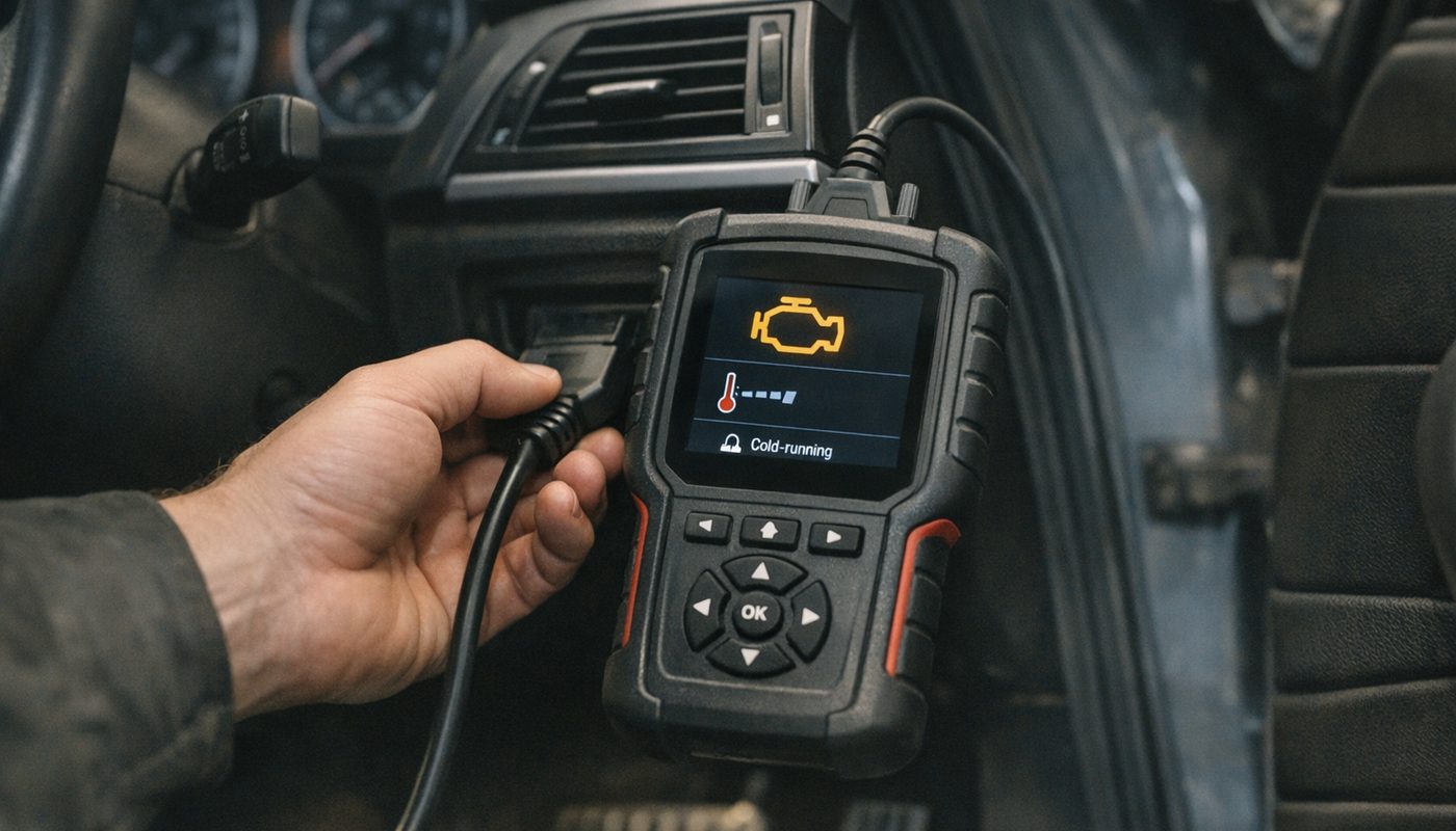 Scan tool plugged into a BMW showing a diagnostic trouble code