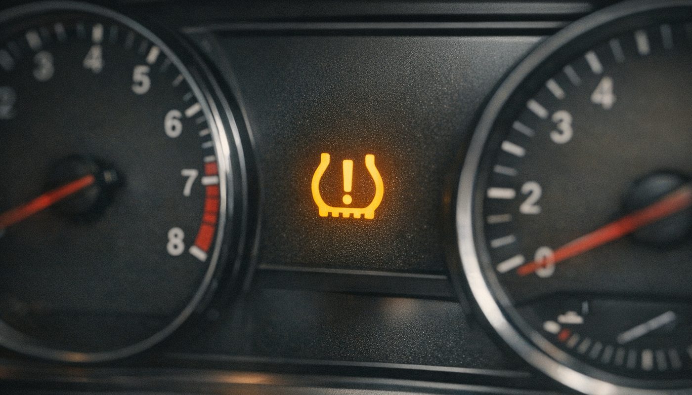 Amber tyre pressure warning symbol illuminated on a BMW dashboard cluster