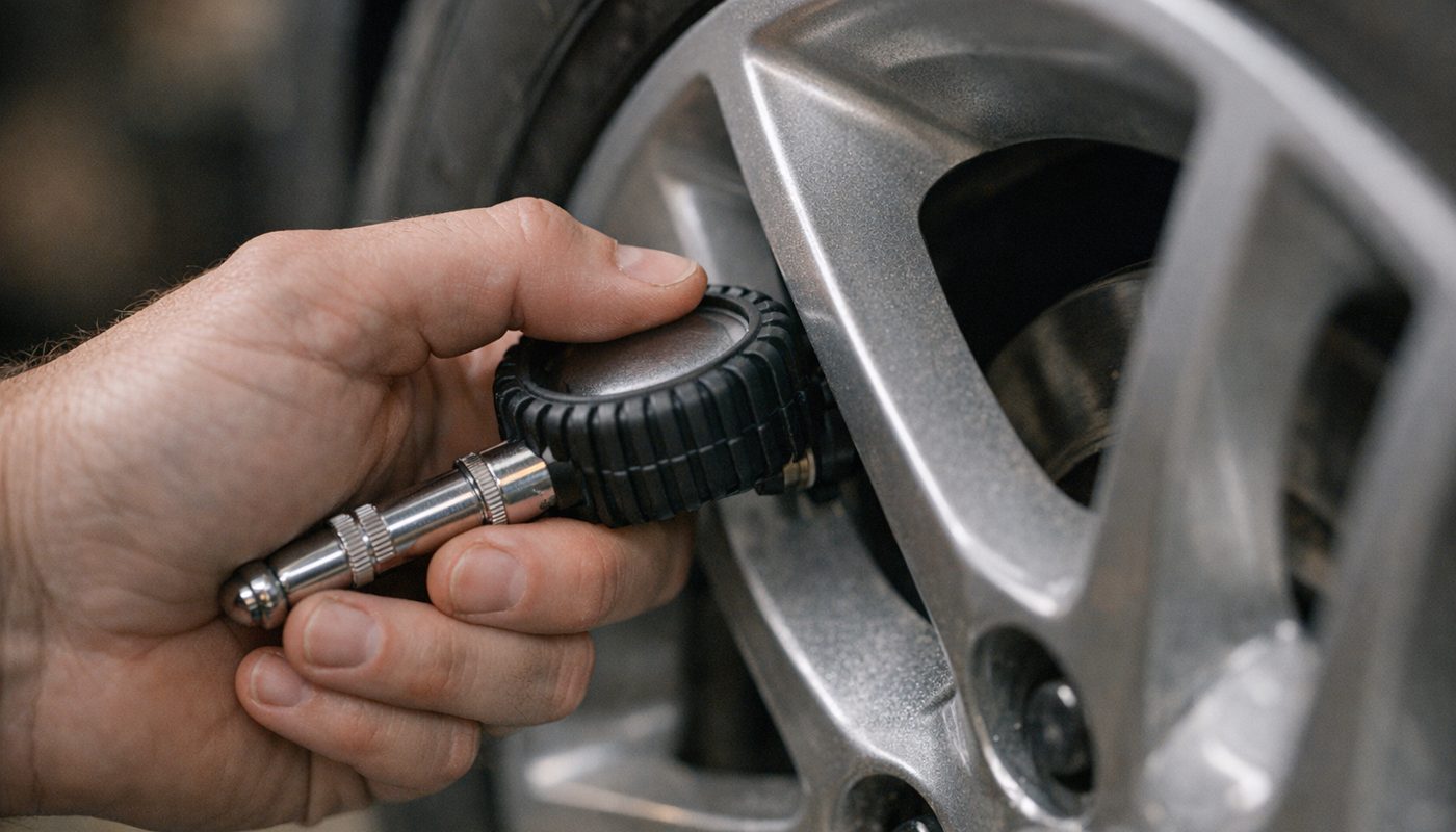 A hand using a tyre pressure gauge on a valve stem with an alloy wheel visible
