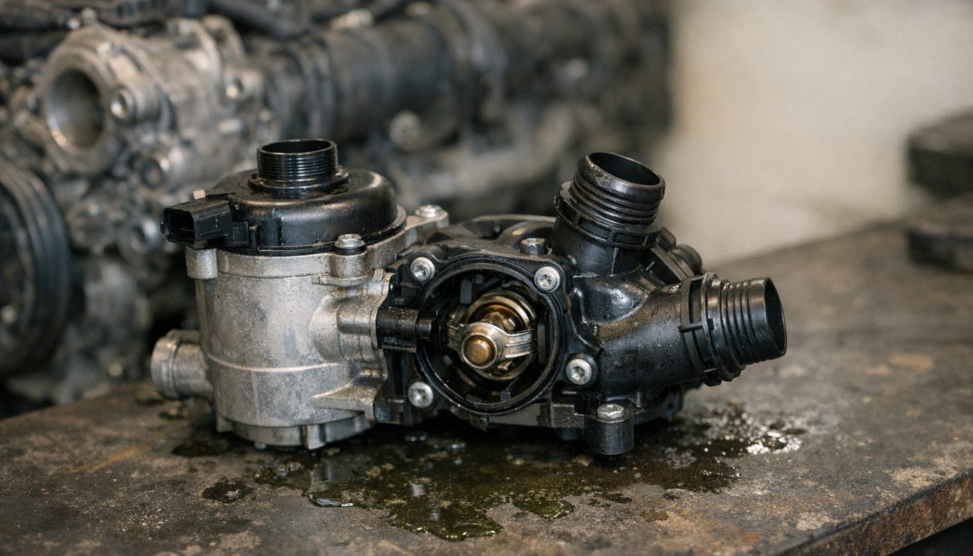 BMW electric water pump and thermostat removed on a workbench with coolant residue
