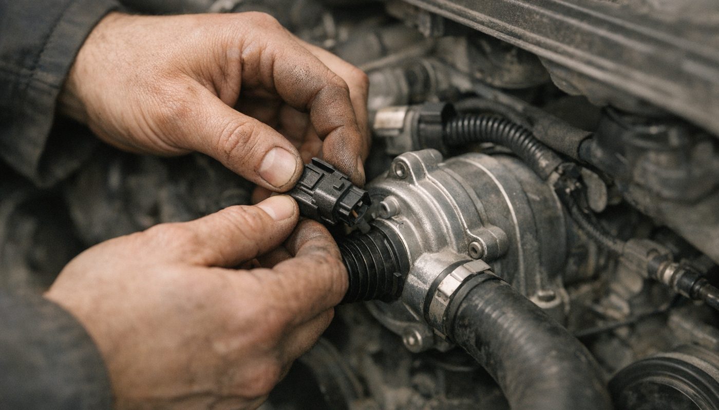 Mechanic disconnecting the electrical plug from a BMW electric water pump in the engine bay