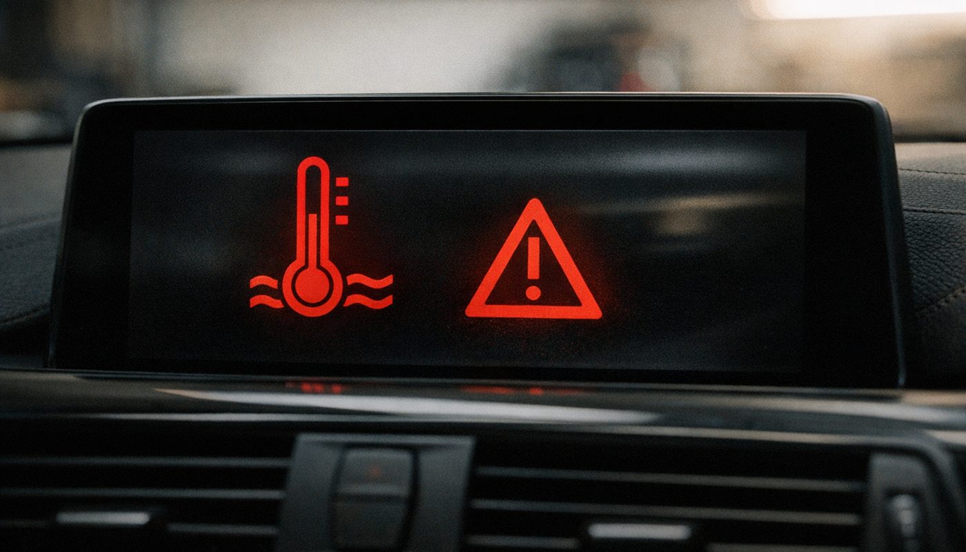 BMW overheating warning message with red temperature symbol on iDrive screen