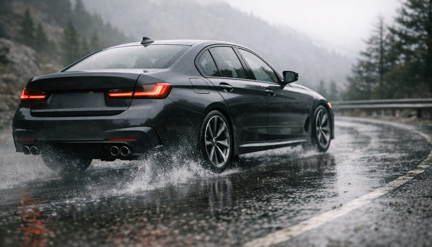 BMW xDrive sedan driving on a wet mountain road with tyre spray visible