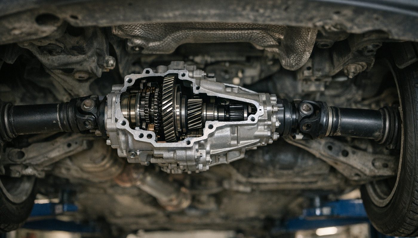 Cutaway view of a BMW transfer case and driveshafts on a lift