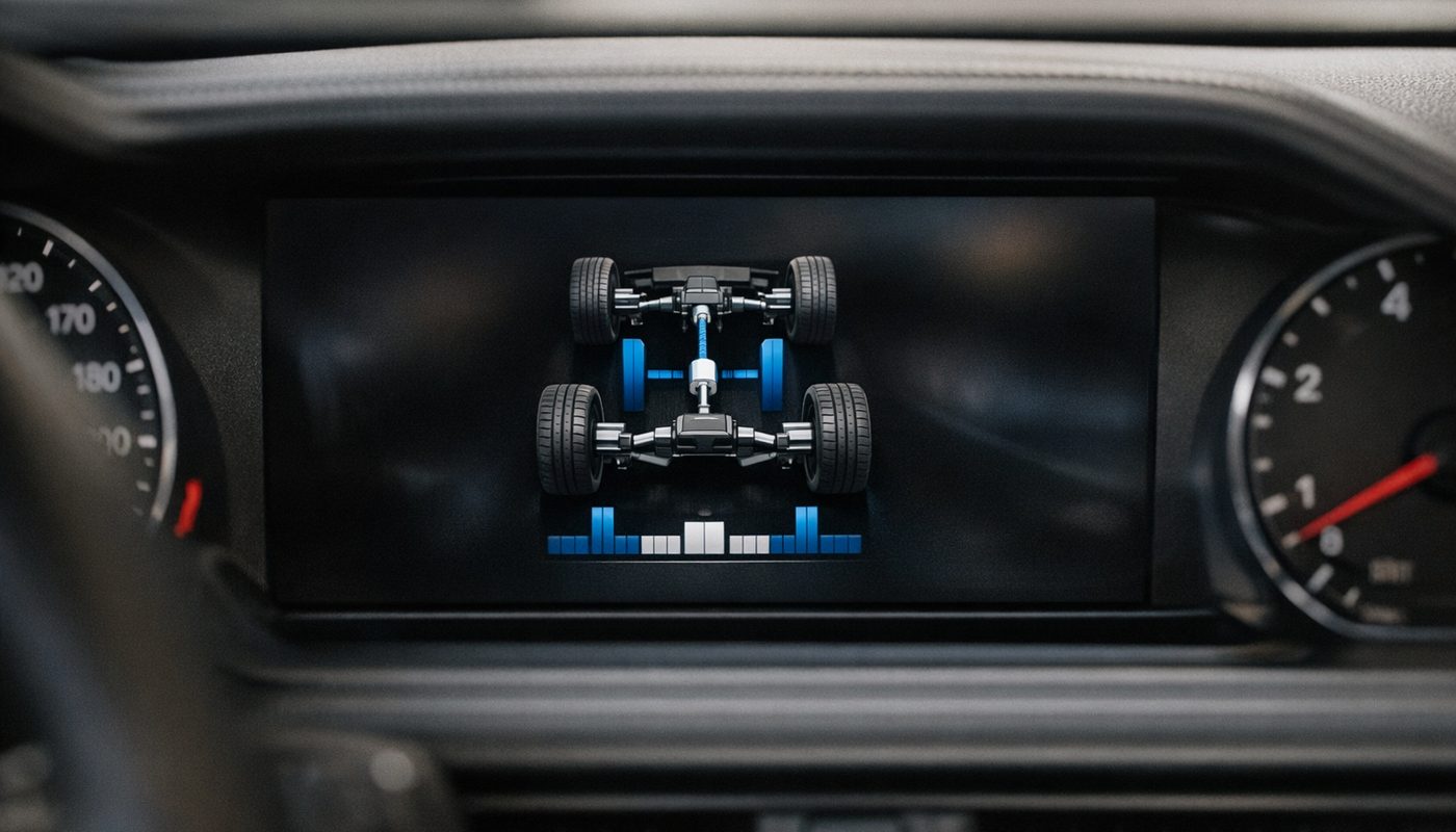 BMW dashboard showing all-wheel-drive torque split status graphic