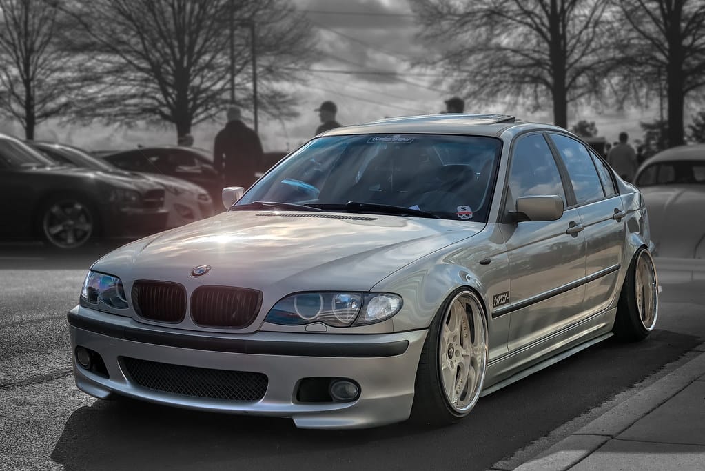 BMW lowered on coilovers from front 3/4 angle
