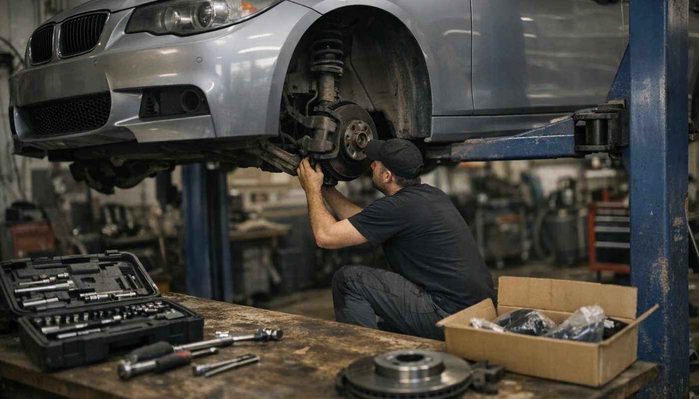 BMW on a lift with wheels off during a suspension inspection at an independent BMW specialist