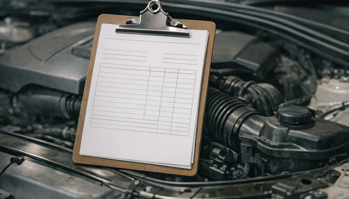 Repair invoice on a clipboard resting on top of a BMW engine bay