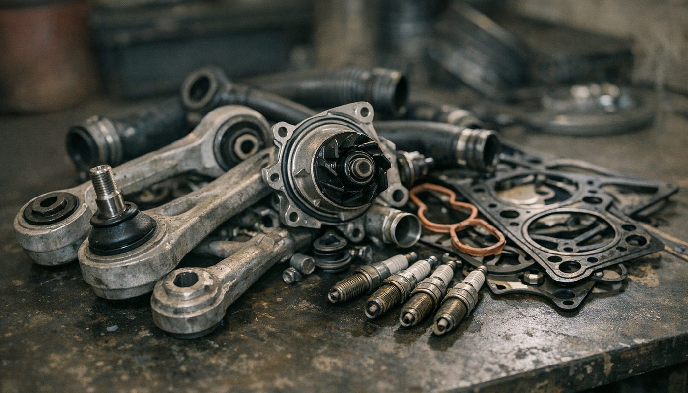 Pile of typical BMW replacement parts including control arms, a water pump, gaskets and spark plugs