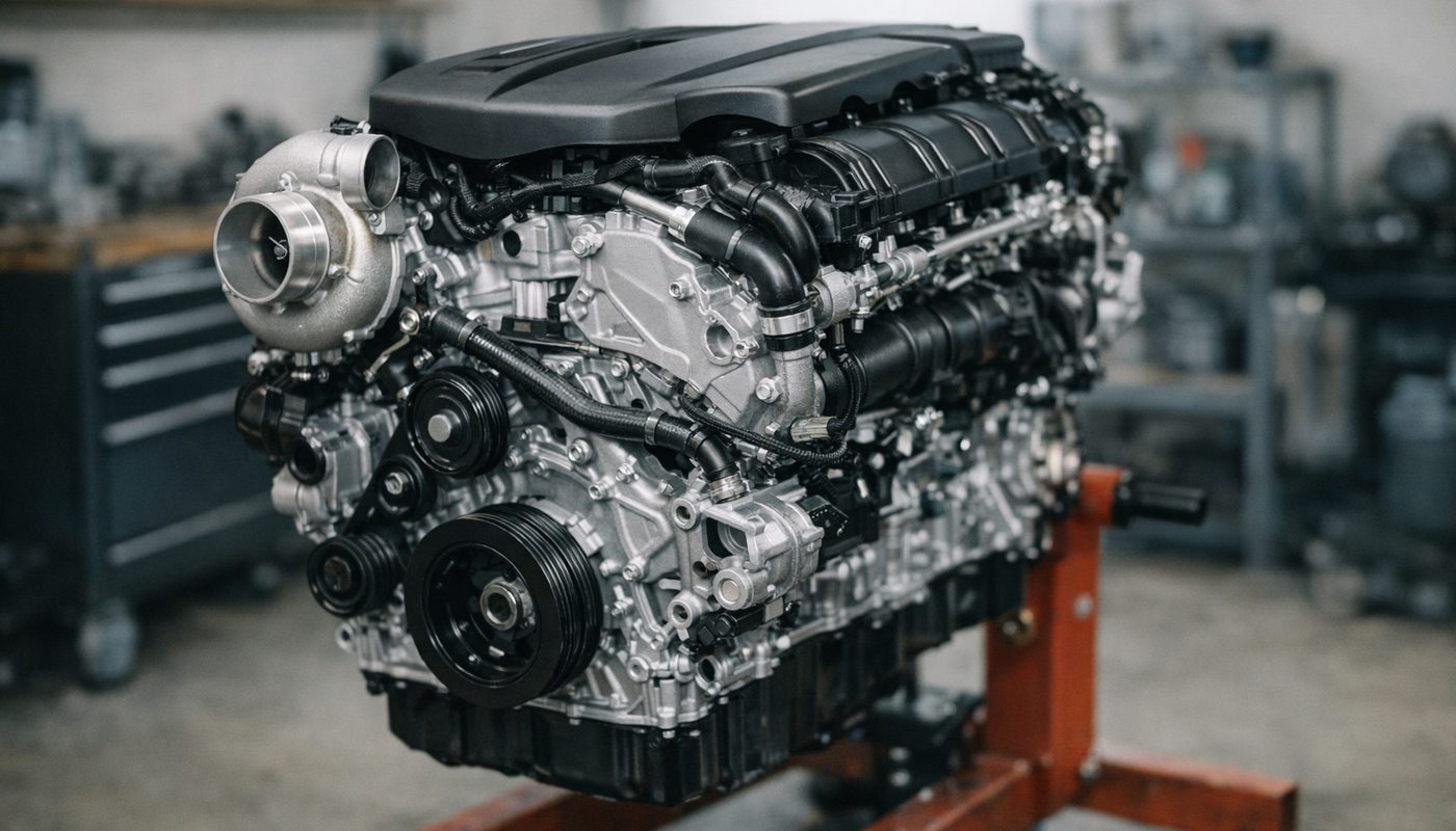 A BMW B58 turbocharged inline-six engine on an engine stand in a clean workshop